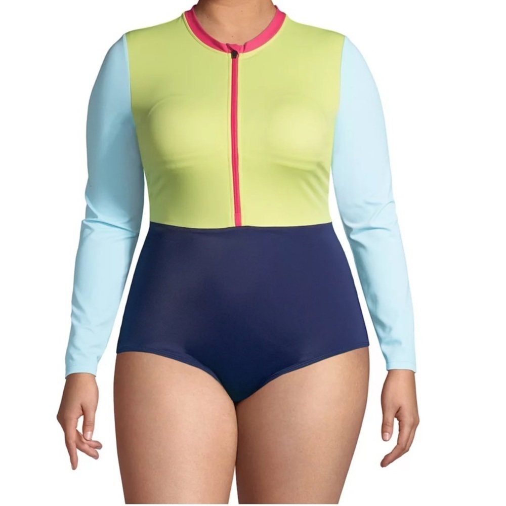 Lands' End Tugless Sporty UPF 50 Long Sleeve One-Piece Swimsuit rashguard 18